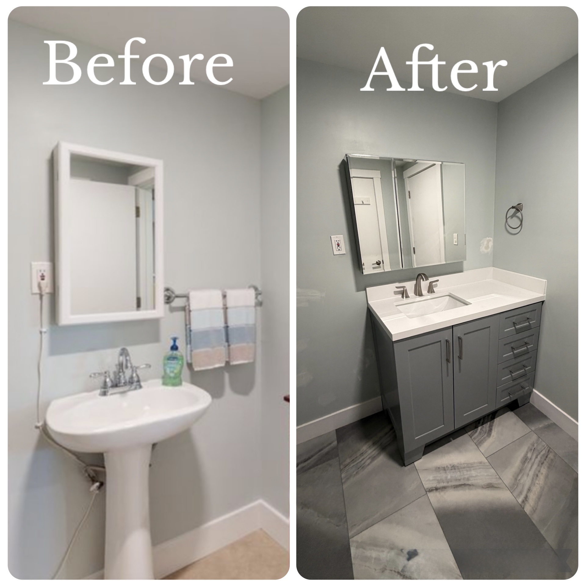 Before and after vanity upgrade bathroom remodel NH handyman