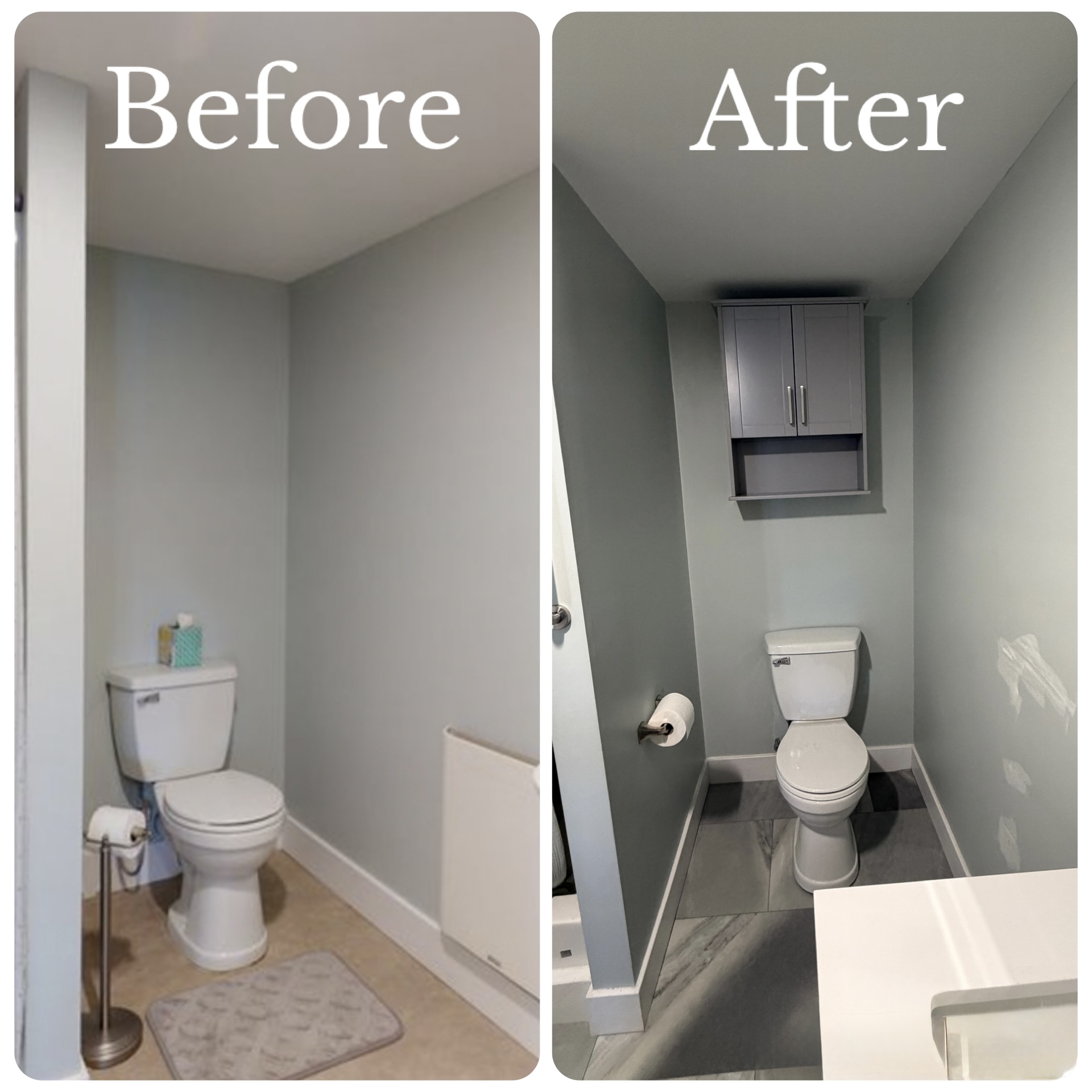 Before and after bathroom remodel toilet and storage NH